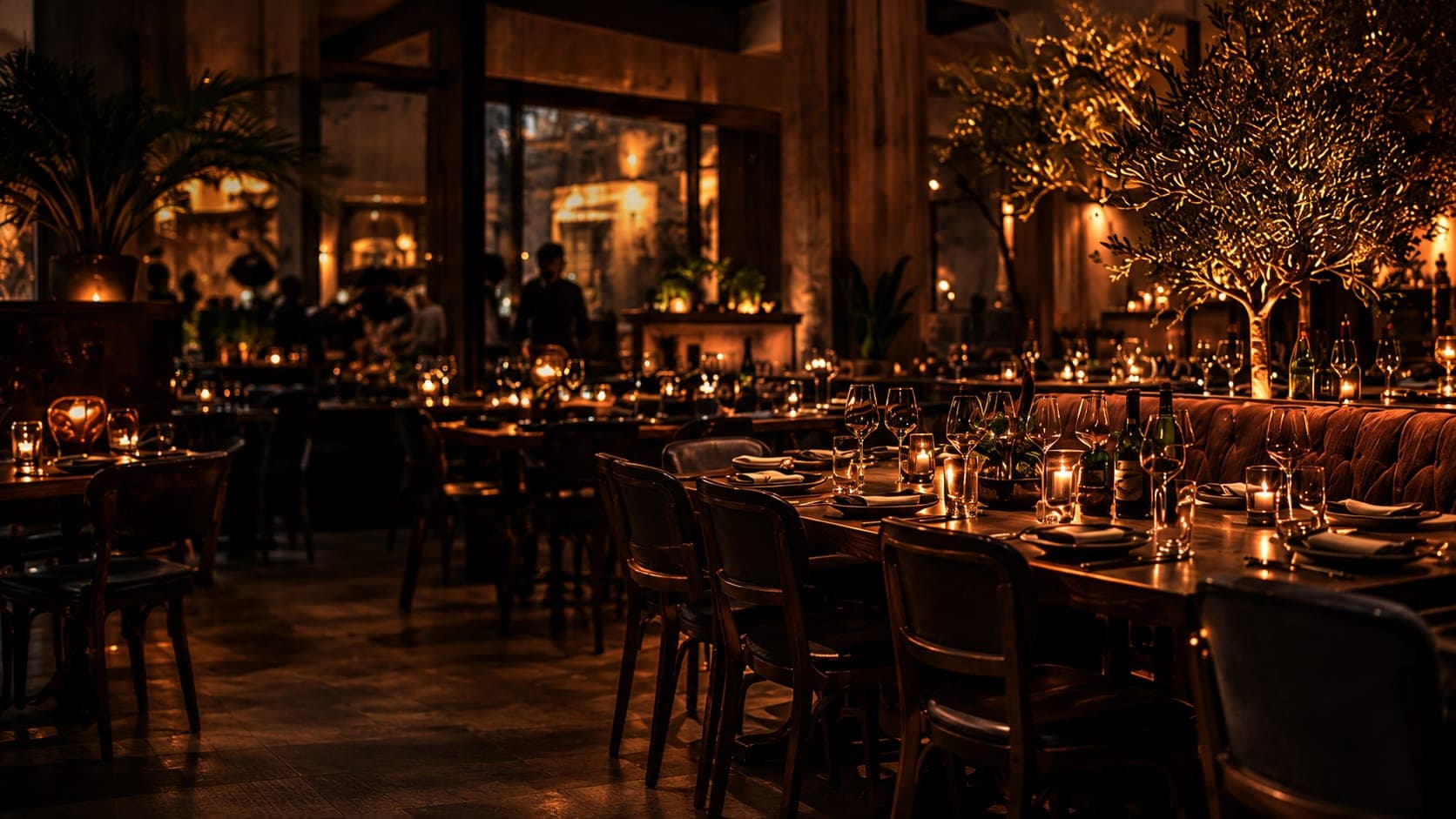Long dining tables laid with wine glasses and candles in the warm, low light of the NORA dining room
