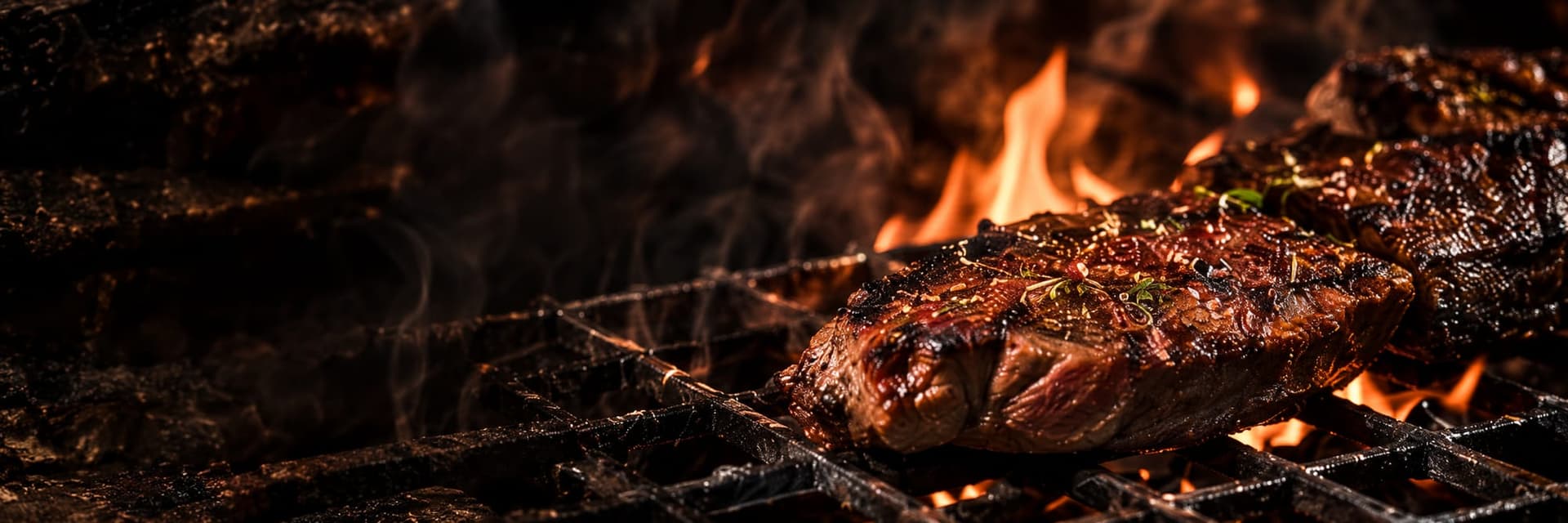 Fire-grilled steak on an iron grill with flames rising behind it
